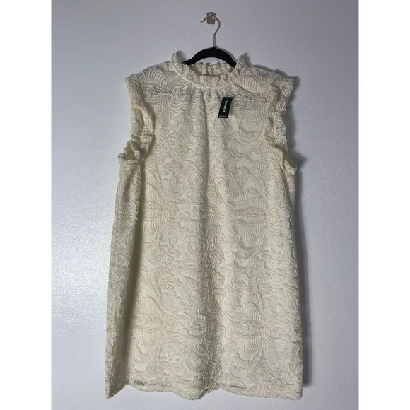 Express Womens Sleeveless Ruffle Mock Neck Lace Shift Dress White Cream Sz XL - Picture 1 of 10